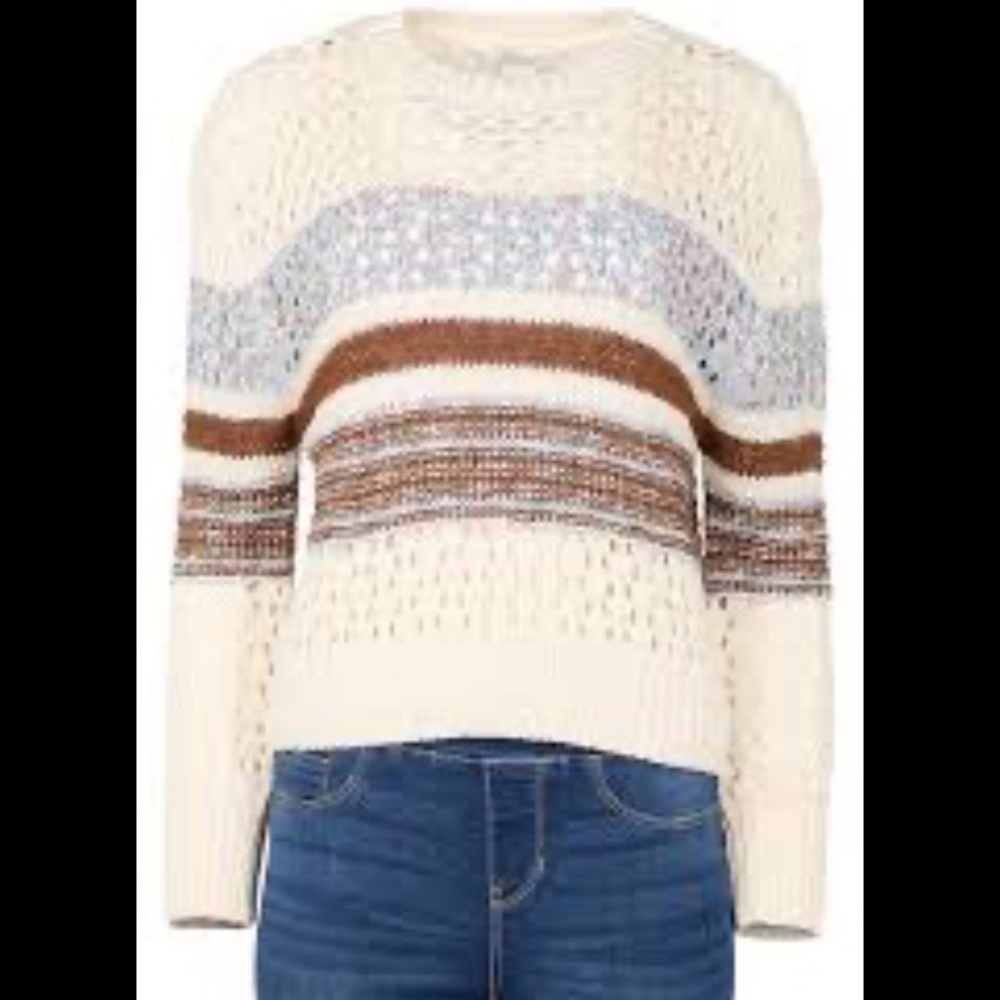 Natural Reflections Striped Crochet Pullover size M Open Knit Cream Multicolor